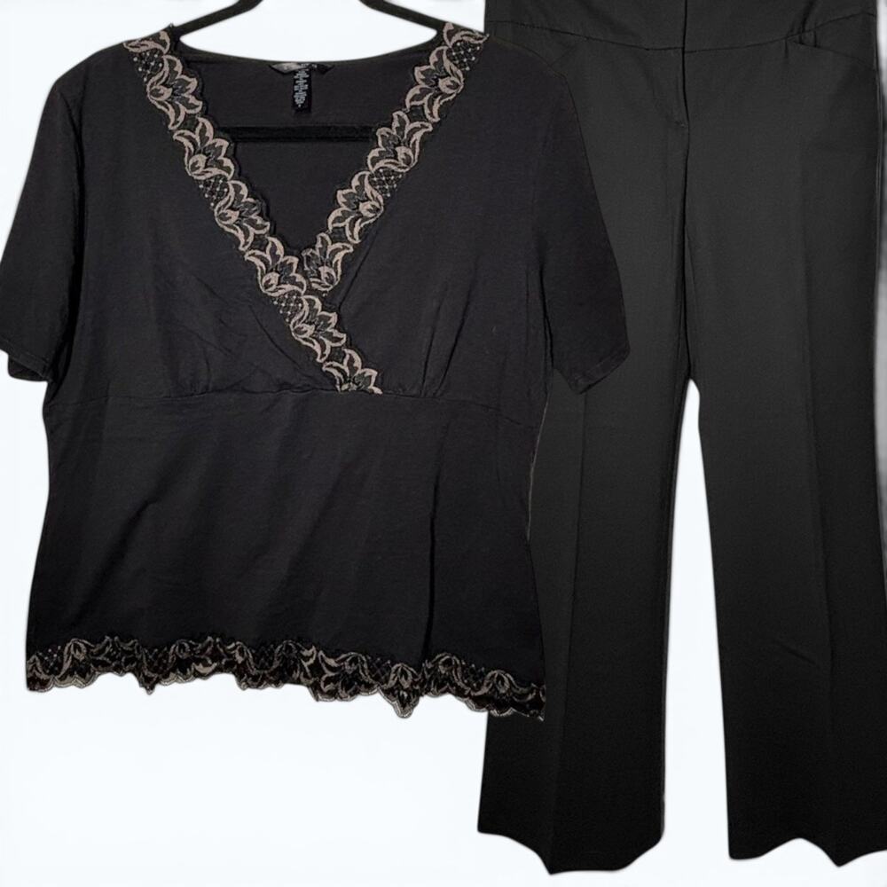 Soma Black Lace-Trim Short Sleeve Pajama Top & Pants Set